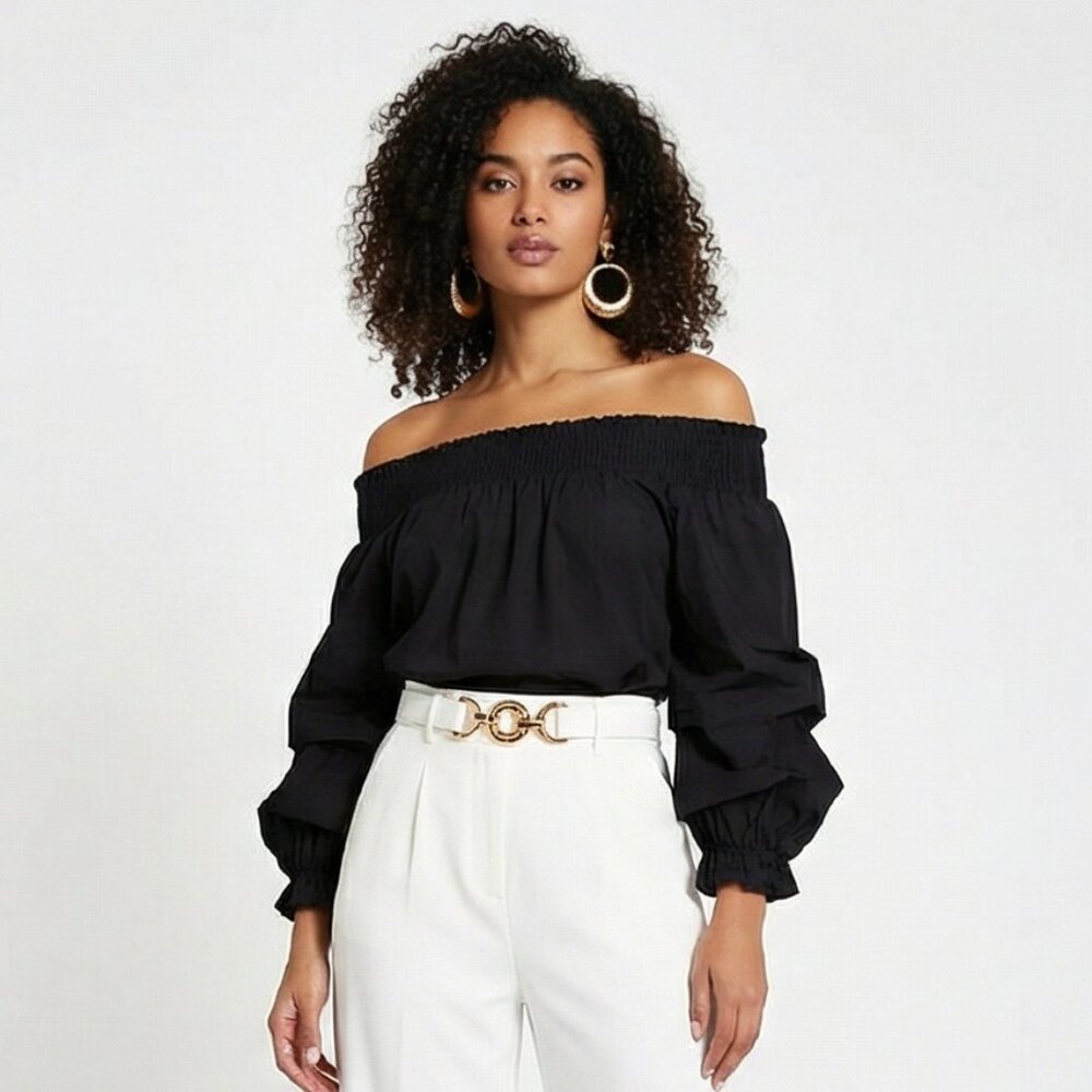 Black Off Shoulder Tiered Puff Sleeve Boho Blouse One Size